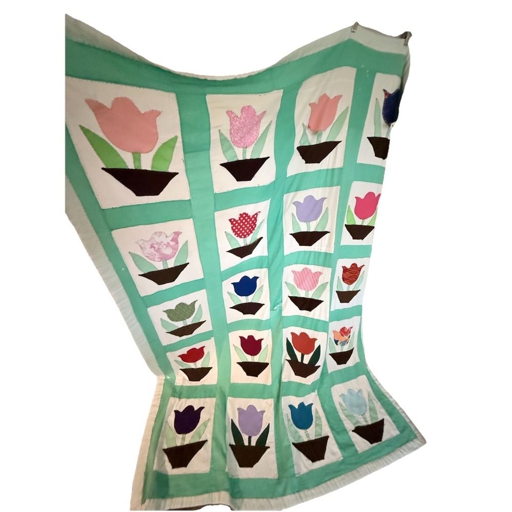 Vintage Applique Tulip Quilt Floral Whimsy Cottage Spring 60"x80" Full Standard